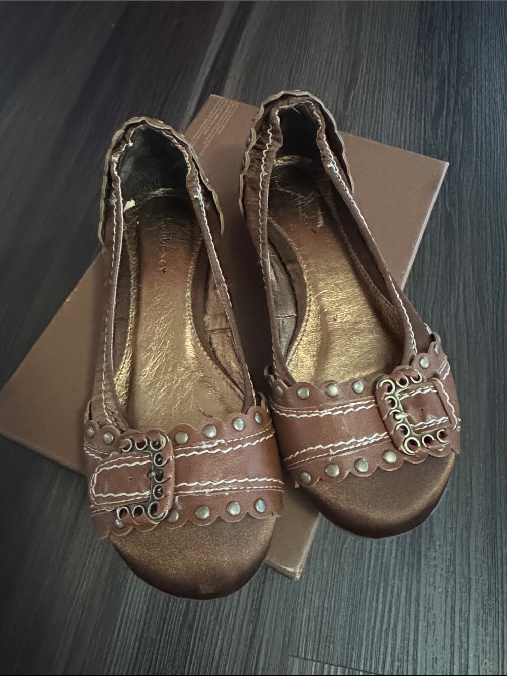 Women's Brown Studded Buckle Ballet Flats